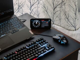 Well organized home office desk setup