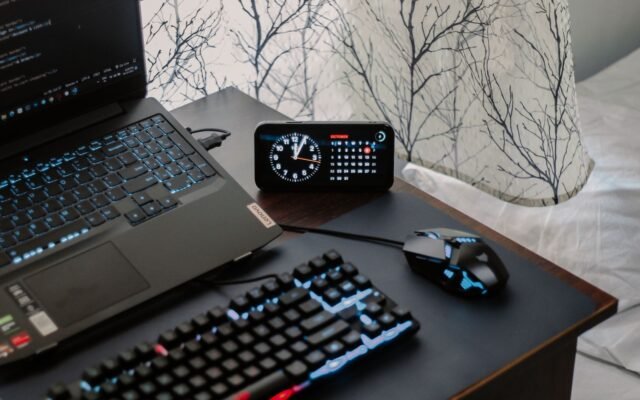 Well organized home office desk setup