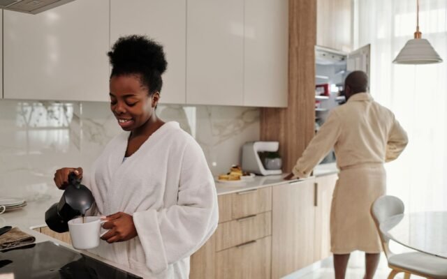 Calm morning routine at home with coffee and natural light