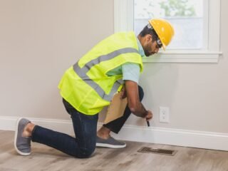 Homeowner inspecting a wall for early signs of damage