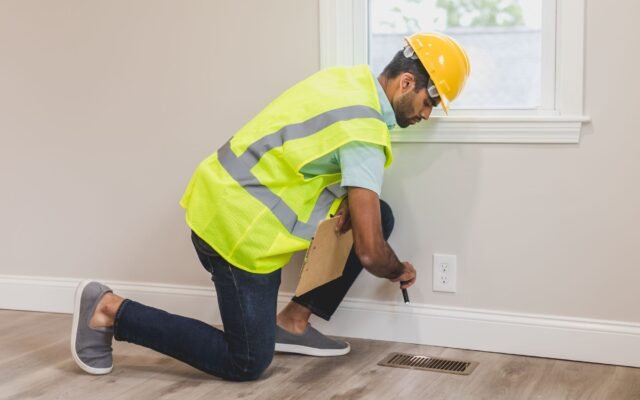 Homeowner inspecting a wall for early signs of damage