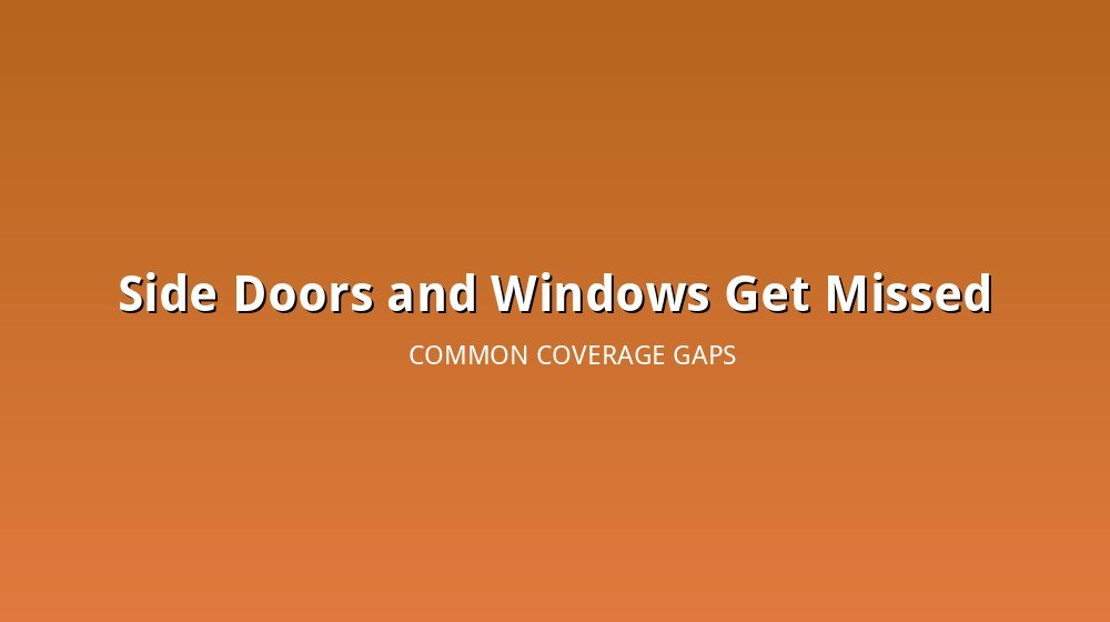 Illustration of a house exterior showing camera coverage gaps at side doors and windows